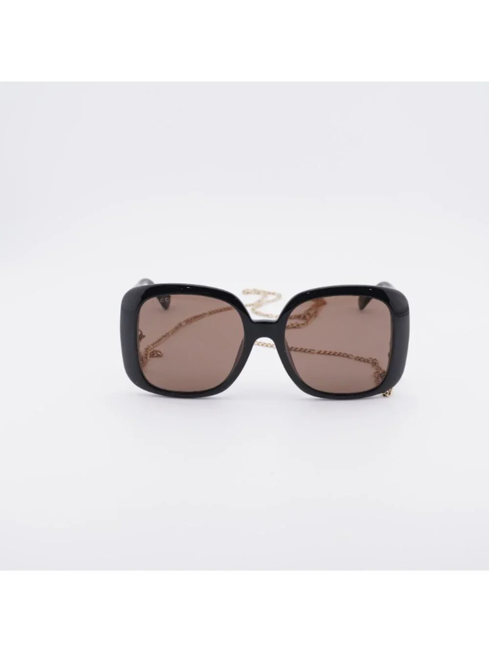 Gucci GG1029SA 005 Sunglasses Black with Gold Chain Square Frame, Brown Lenses